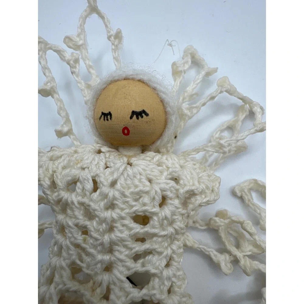 Vintage Handmade Crochet Angel Christmas Ornaments Wood Bead Face Set of 3 Cream